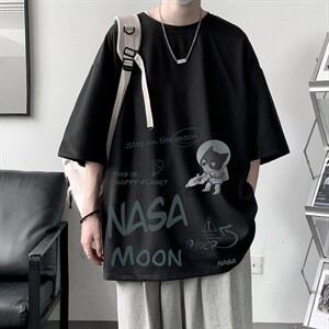HT73187-P22 NASA 联名同款华夫格t恤男短袖男大码五分袖 大皂风图片