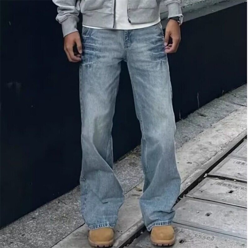 春夏美式浅蓝色复古水洗闪电纹牛仔裤宽松直筒阔腿长裤NKK06P50,男装牛仔裤,电商D256-2(原A064-2)