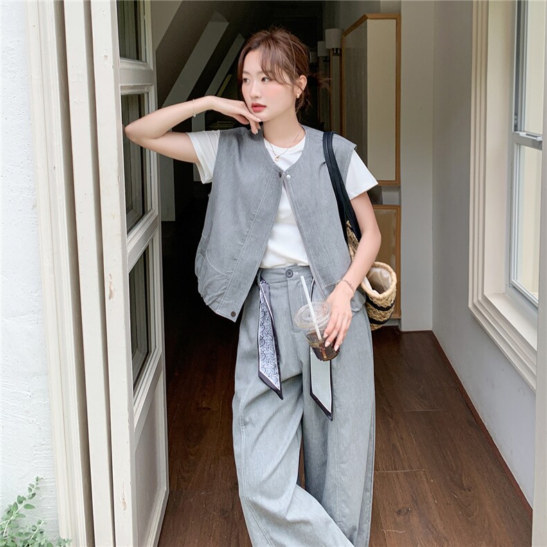 现货主推！2026春夏韩版马甲外套+丝带阔腿裤休闲套装P195-K290,女装套装/套裙,网红馆