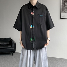设计感重工花卉刺绣短袖衬衫高级大码美式痞帅衬衣外套DC5011/P45，男装衬衫，电商B238