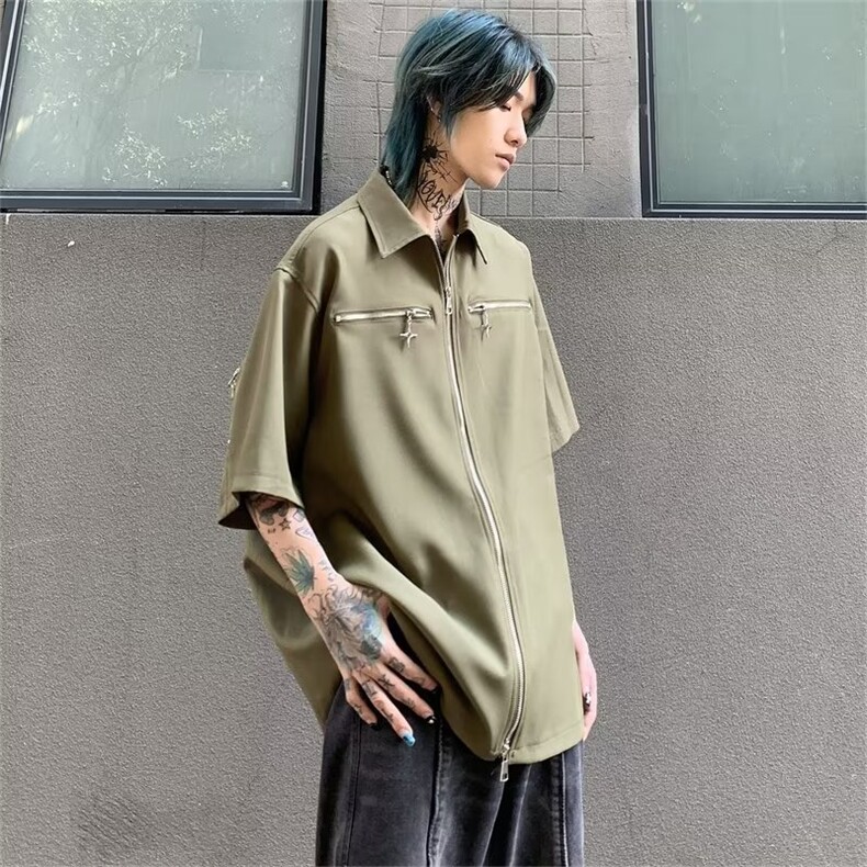 标准百搭潮夏季潮流日常男青春流行文艺五分袖双拉链衬衫ZG12P35图片