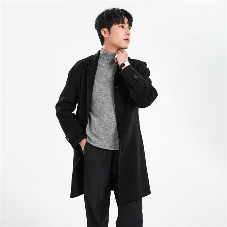 翻领单排扣中长款2024年秋季直筒型时尚都市纯色大衣，男装毛呢大衣，牧绒家园高端店