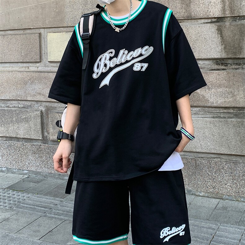 夏季新款短袖T恤港风套装青少年纯篮球服潮流两件套男装F311P58,男装休闲套装,电商A086