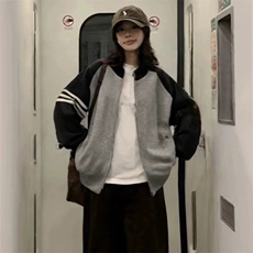 重磅秋冬北极绒开衫毛衣美式复古休闲慵懒风撞色立领针织衫外套，男装针织衫/毛衣，电商A486-1