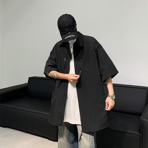 拉链设计感美式高街衬衫男女宽松短袖潮牌夏复古翻领上衣 C360图片