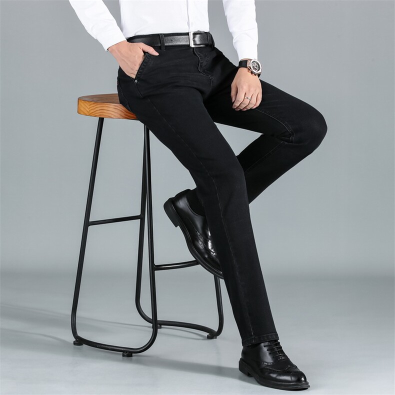 W708秋冬男士牛仔裤裤子宽松直筒修身休闲黑色加厚弹力P65图片