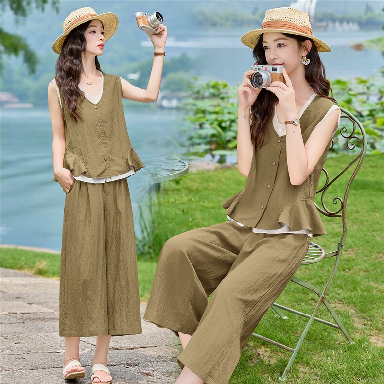 2026年夏季天丝亚麻老钱风马甲加阔腿裤两件套套装,女装套装/套裙,E百度