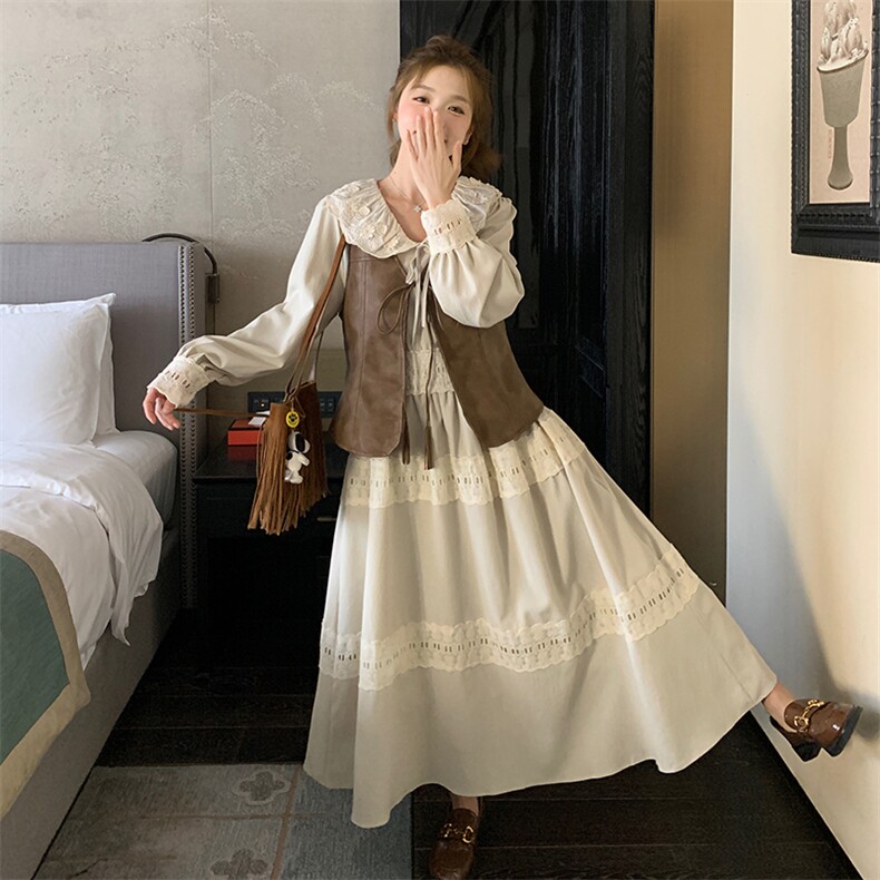 法式复古蕾丝拼接长袖连衣裙女2025春秋新款设计感长裙子两件套,女装套装/套裙,2C037