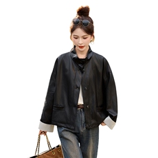 复古立领宽松皮衣外套女2025秋冬季新款休闲百搭显瘦pu皮夹克上衣，女装皮衣，牡丹诺