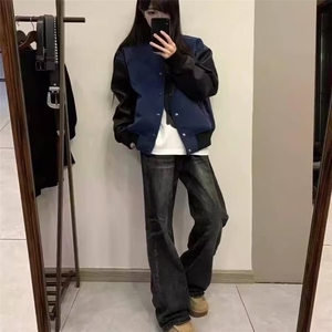 潮流春秋美式复古街头休闲高街短款拼接棒球服夹克外套男女图片