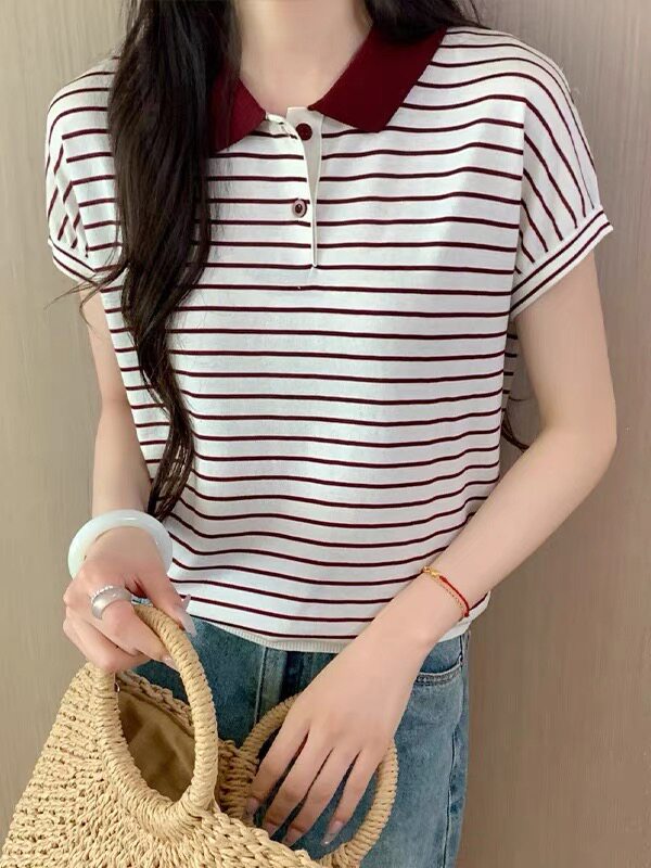 天丝莱赛尔条纹拼色PO领,女装T恤,晨旭羊绒