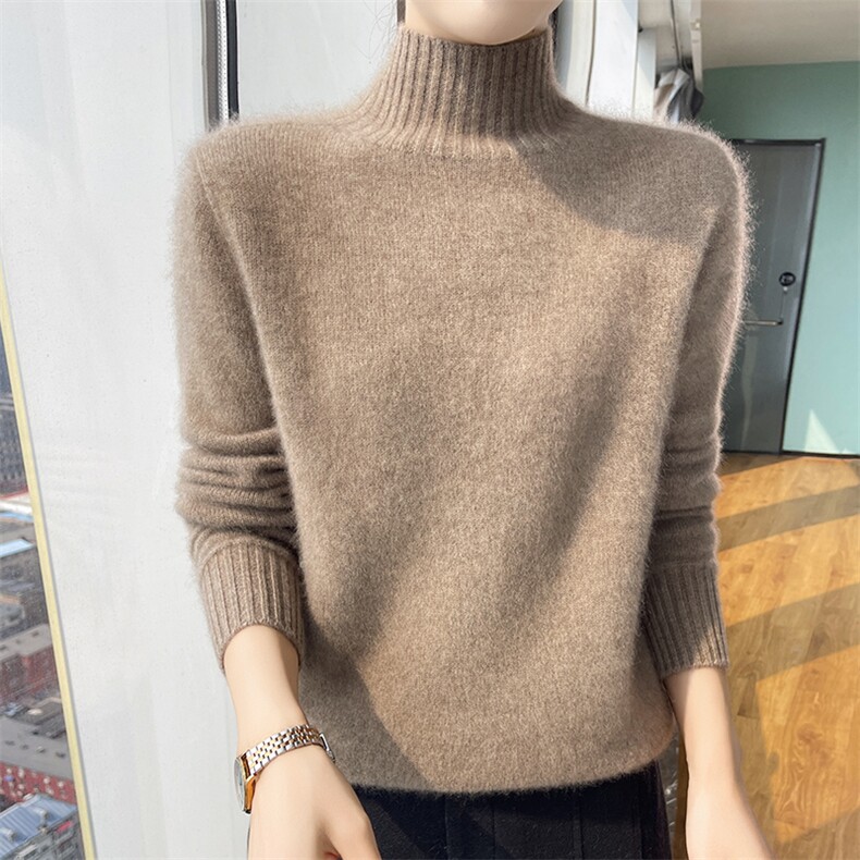 25秋冬100%纯羊毛衫女加厚半高领长袖毛衣宽松打底针织羊绒衫上衣,女装羊毛衫,美轩羊绒