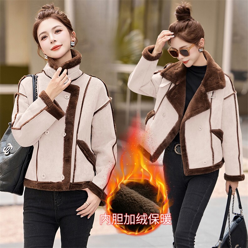 皮毛一体羊羔毛外套女2025冬新款小个子加厚保暖鹿皮绒机车服上衣,女装短外套,乐衣轩