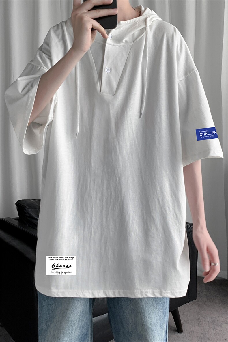 LD54062-P45连帽短袖t恤男大码胖子带帽五分袖中袖,男装T恤,电商A040