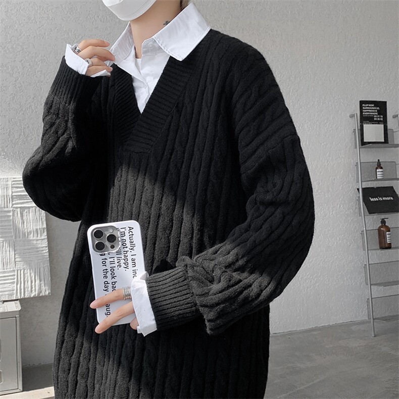 假两件衬衫领毛衣男秋冬宽松慵懒风韩系麻花针织衫外套MY19003P78,男装针织衫/毛衣,电商B312