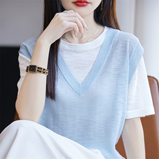 夏季新款V领单排扣短袖T恤女时尚小众洋气宽松显瘦休闲百搭上衣潮，女装针织衫/毛衣，皓宇羊绒