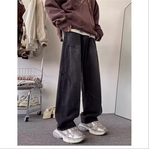 K01牛仔裤男款美式vintage潮牌水洗宽松休闲打褶水洗直筒阔腿裤图片
