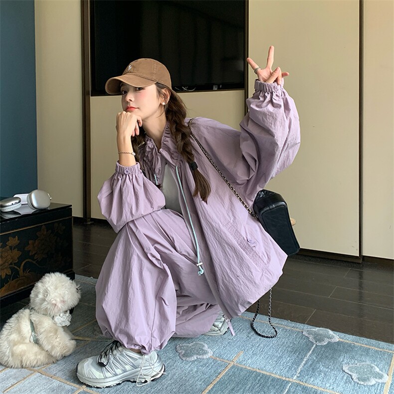 今年流行紫色冲锋衣外套女早秋2025新款百搭休闲风显瘦工装裤套装,女装套装/套裙,纯色衣恋