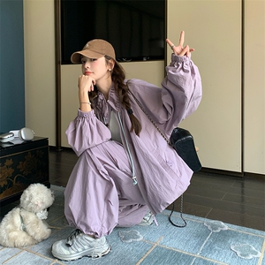 今年流行紫色冲锋衣外套女早秋2025新款百搭休闲风显瘦工装裤套装图片