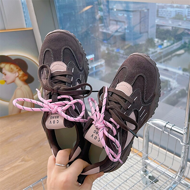 真皮厚底德训鞋女2024秋冬新款拼色双鞋带运动老爹鞋休闲阿甘鞋女,女鞋休闲鞋,电商A223