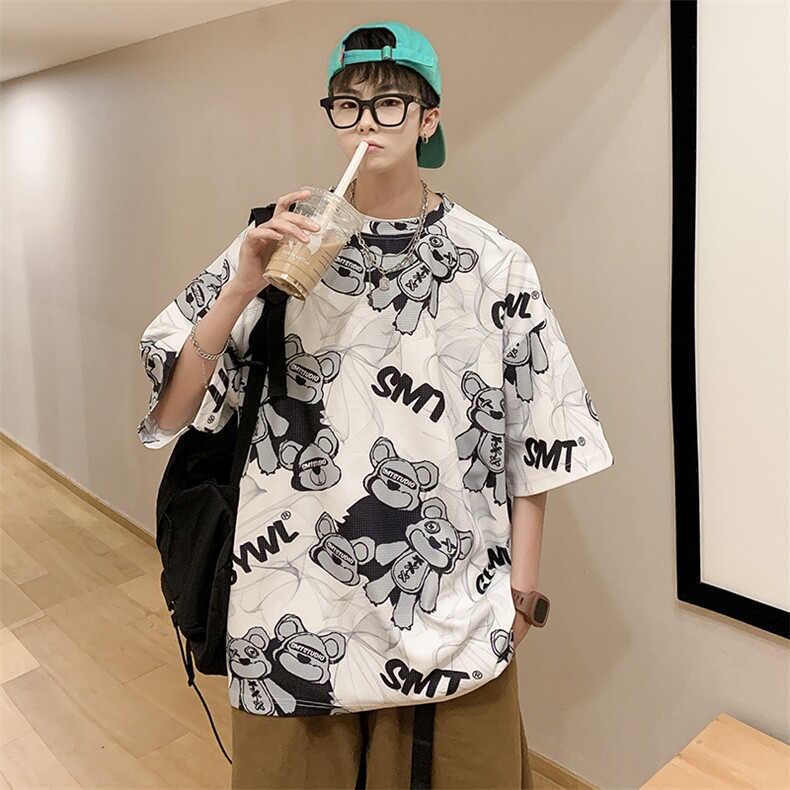港风华夫格印花松休闲短袖T恤五分半截袖XFT223-P30控48,男装T恤,电商B370