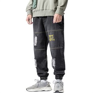 2021春季新日系大码男字母印花破洞拼接束脚九分牛仔裤N8102-P55图片