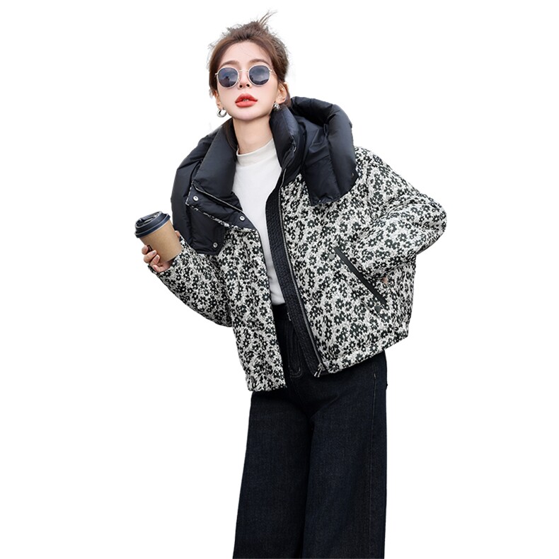 时尚印花连帽羽绒服女2024冬季洋气独特别致小个子短款白鸭绒外套,女装羽绒服,歌伊格美