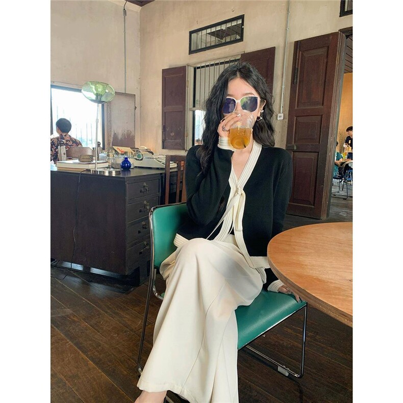 长袖拼接时尚气质系带小香风开衫2024年秋季，女装针织衫/毛衣，佳弈羊绒