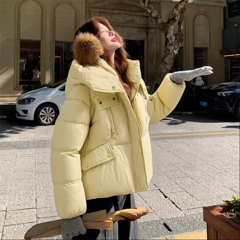 现货新款东大门加厚保暖羽绒服百搭连帽面包服女装外套女，女装羽绒服，然然