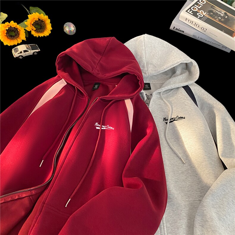 加绒加厚500克重磅撞色开衫连帽宽松卫衣男外套RH8109-P68加绒78,女装短外套,星座610B-1