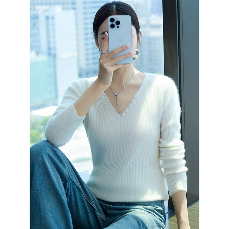 时尚百搭V领羊绒衫优雅显瘦五粒扣内搭毛衣,女装羊绒衫,百越羊绒
