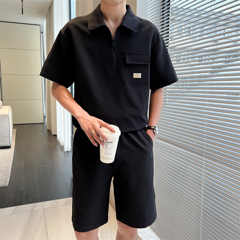 2025夏季轻熟风休闲百搭宽松绣标短袖华夫格套装两件套TZ303-P85，男装T恤，电商A413