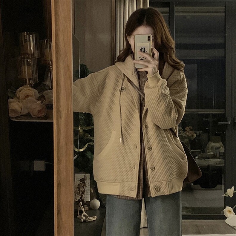 A339-P98军绿色华夫格oversize连帽棒球服春秋设计感新款外套,女装短外套,星座911