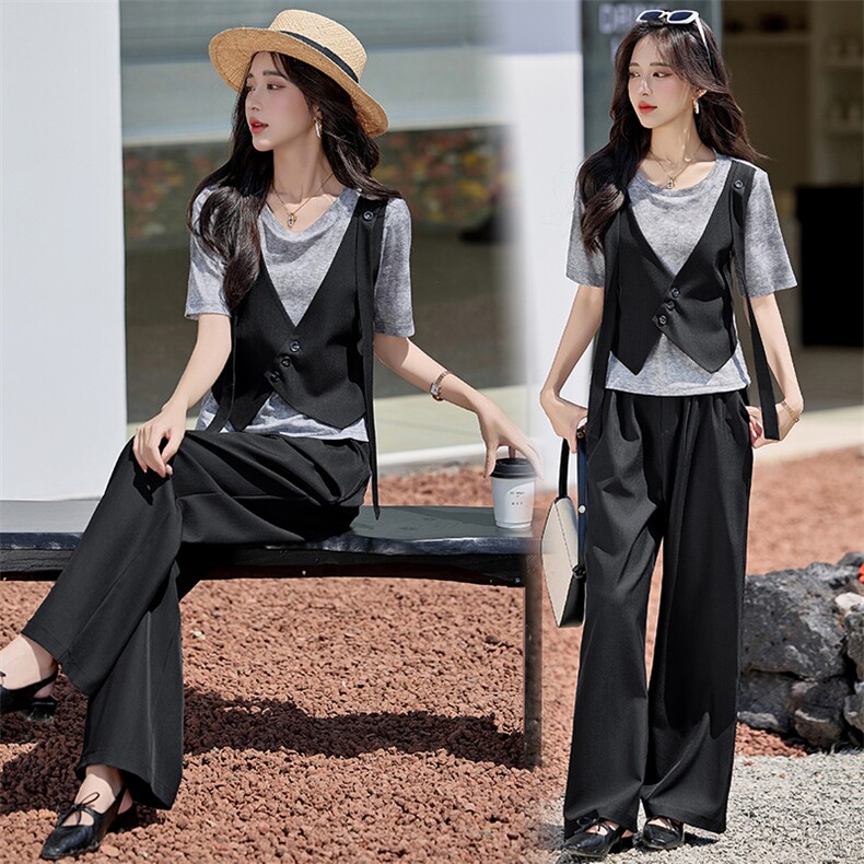 时尚休闲套装女2025春夏新款减龄假两件拼接T恤垂感阔腿裤两件套，女装套装/套裙，韩蔻秀