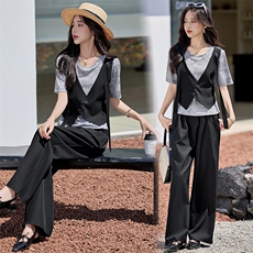 时尚休闲套装女2025春夏新款减龄假两件拼接T恤垂感阔腿裤两件套，女装套装/套裙，韩蔻秀