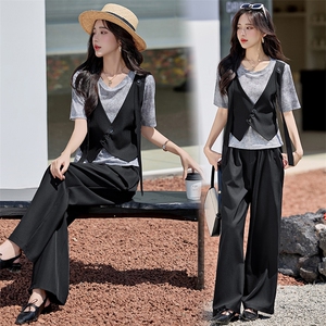 时尚休闲套装女2025春夏新款减龄假两件拼接T恤垂感阔腿裤两件套，女装套装/套裙，韩蔻秀
