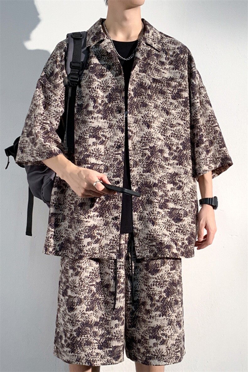 2024夏季新款港风光影墙大码冰丝衬衫短裤套装M-5XHQ23569-P60,男装牛仔裤,电商A022