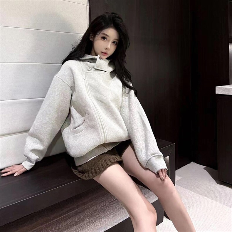 抖音得物品质26春装美式重磅结构斜拉链高领连帽卫衣开衫外套W61,女装短外套,电商A486-1