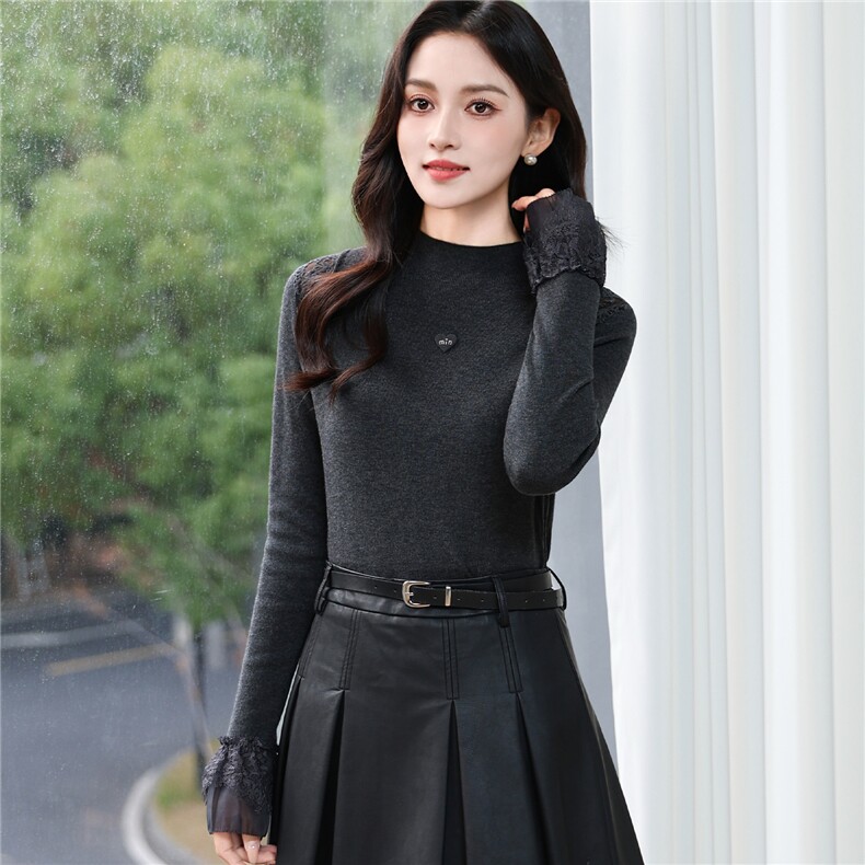 情花子轻熟优雅风蕾丝拼接针织衫女修身打底衫黑色长袖上衣,针织衫/毛衣,2C091