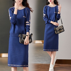 现货秋季时尚百搭遮肉显瘦休闲运动风套装两件套毛衫裙，女装套装/套裙，然然