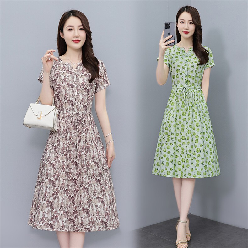 203夏季时尚简约百搭花色棉麻风短袖长款连衣裙,女装连衣裙,鑫思依格