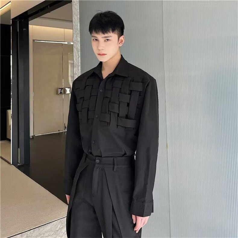 春秋季新款衬衫男长袖潮流编制设计感小众宽松休闲发型师韩版衬衣,男装衬衫,星座506A