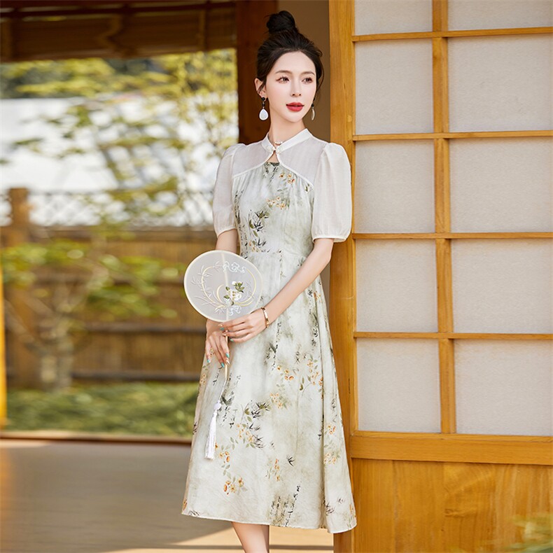 气质碎花连衣裙女2024年夏季新款文艺复古中长款水墨画假两件裙子,女装连衣裙,拾衣