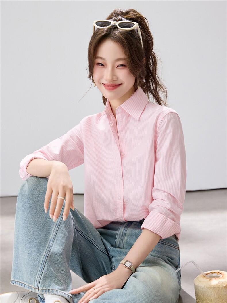 2026春夏新款粉色条纹衬衫女宽松显瘦百搭长袖衬衣叠穿内搭通勤,女装衬衫,艾米