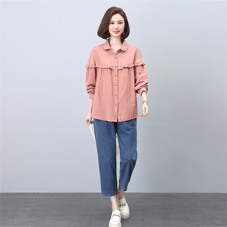 时尚百搭宽松显瘦长袖衬衫牛仔裤套装女秋装新款韩版休闲两件套,女装套装/套裙,叶笙衣