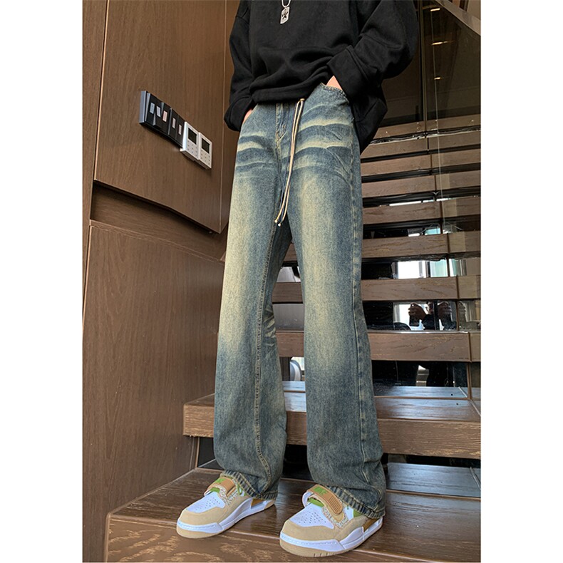美式ins高街hiphop重工艺水洗微喇复古蓝牛仔裤货号K2320P55控78,男装牛仔裤,电商A063