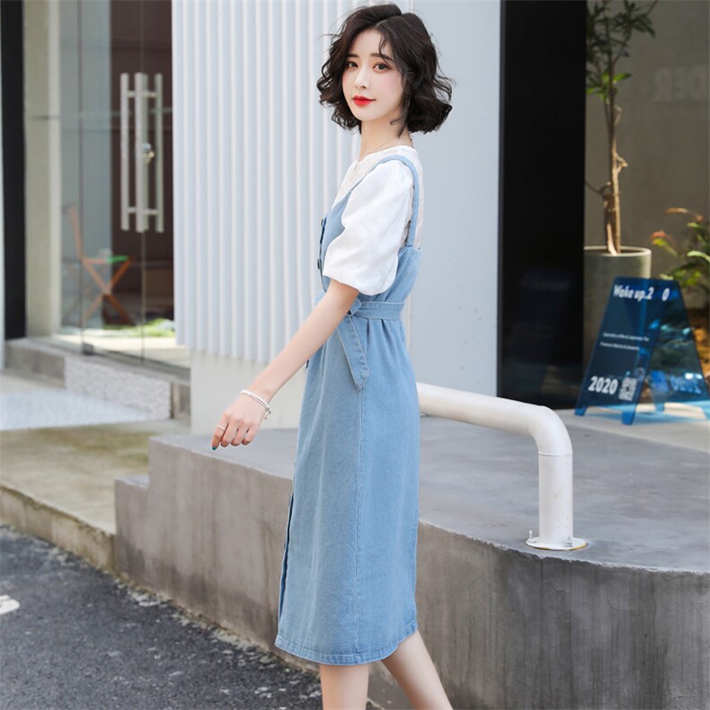 (现货）2026夏季新款泡泡袖圆领小衫+牛仔背带裙两件套(配腰带）,女装套装/套裙,印象茜
