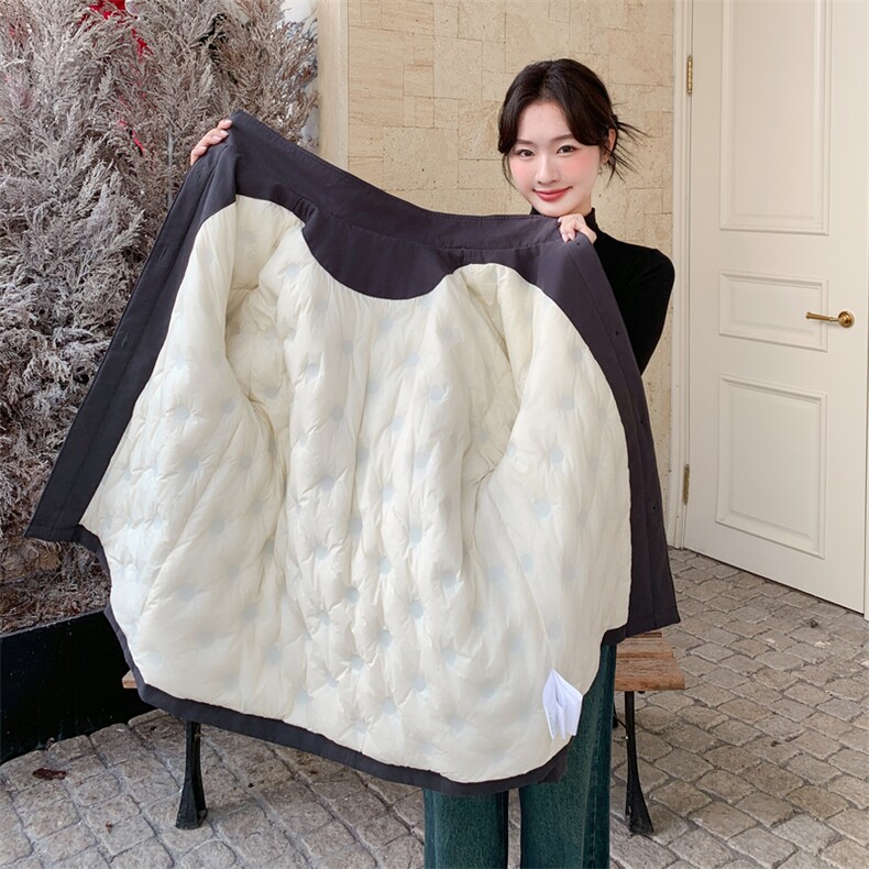 深灰色工装立领派克羽绒服女冬季2025韩系淡人中长款90白鸭绒外套,女装派克服,2C090