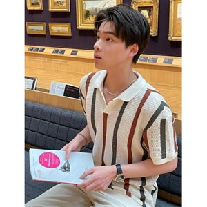 夏季粗针镂空针织衫男士潮牌时尚条纹撞色毛织休闲短袖polo衫，男装T恤，星座516A
