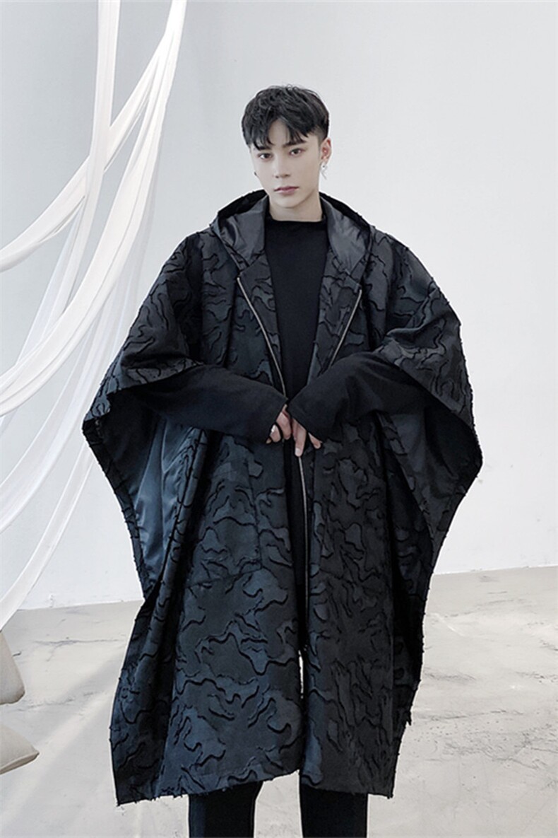 山本暗黑风高定立体图案连帽斗篷中长款风衣潮A452--687,男装风衣,电商A452